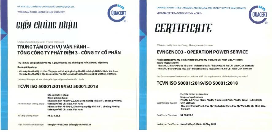 Phú Mỹ 3 và Phú Mỹ 2.2 đạt chứng nhận ISO 50001:2018, nâng cao hiệu quả sử dụng năng lượng