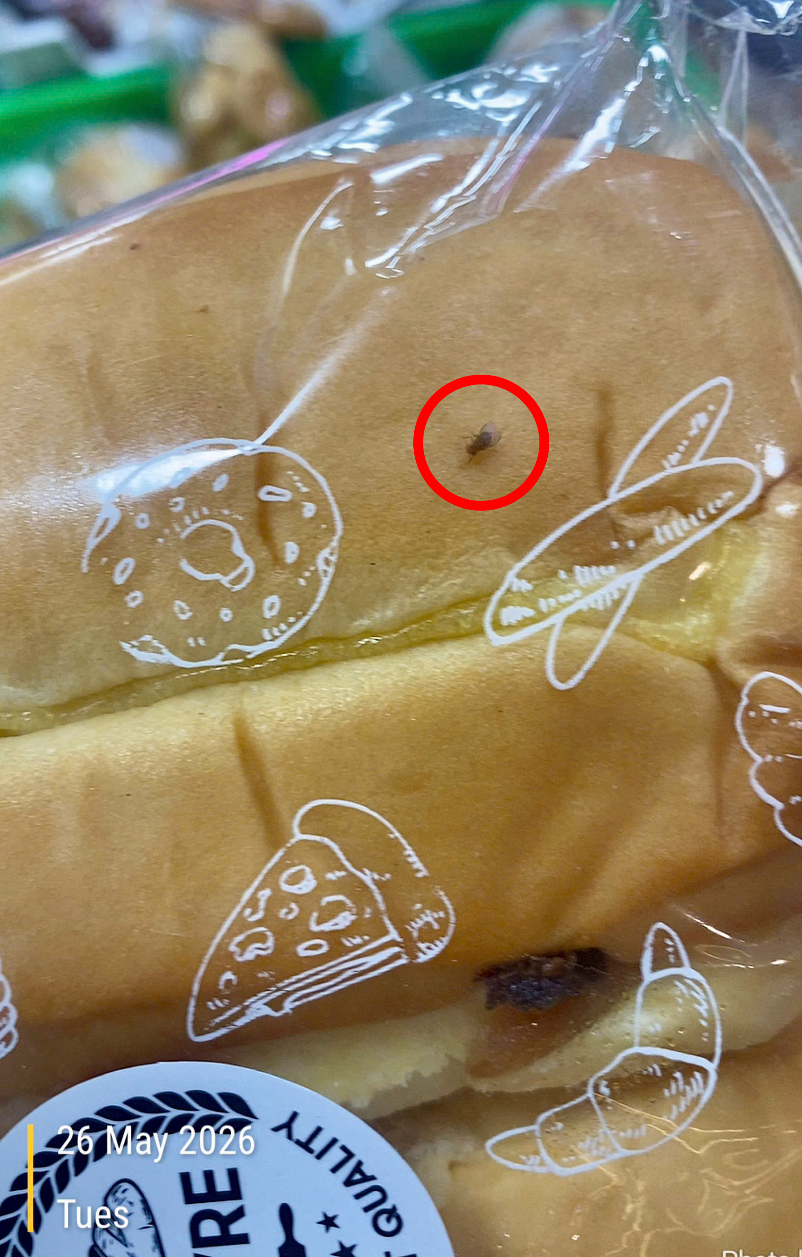Tại quầy b&aacute;nh cơ sở T-Mart Golden An Kh&aacute;nh, ph&oacute;ng vi&ecirc;n ghi nhận c&ocirc;n tr&ugrave;ng xuất hiện b&ecirc;n trong một sản phẩm b&aacute;nh được đ&oacute;ng g&oacute;i k&iacute;n