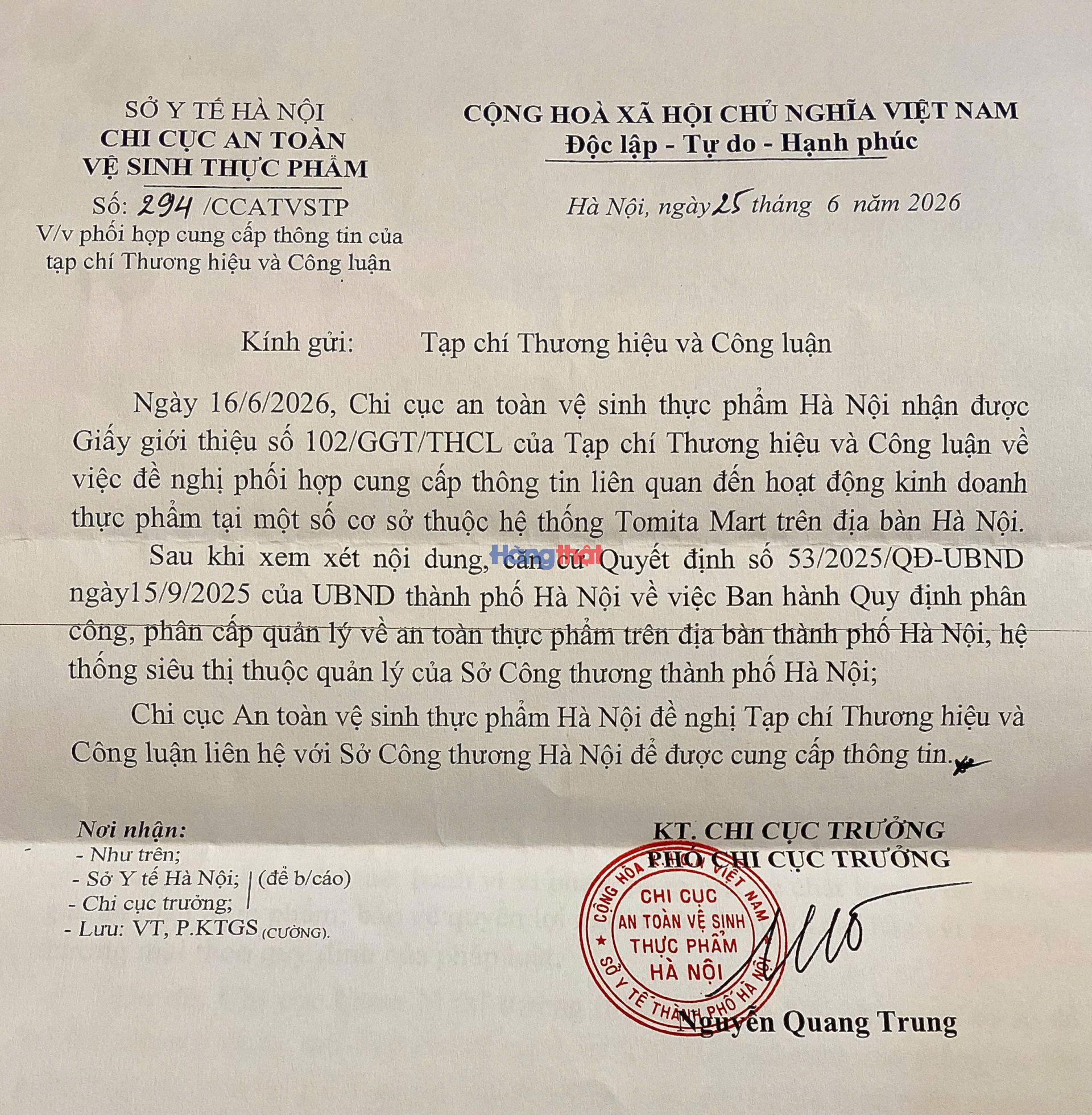 C&ocirc;ng văn số 294 phản hồi Thương hiệu v&agrave; C&ocirc;ng luận của Chi cục An to&agrave;n Vệ sinh thực phẩm ng&agrave;y 25/6/2026