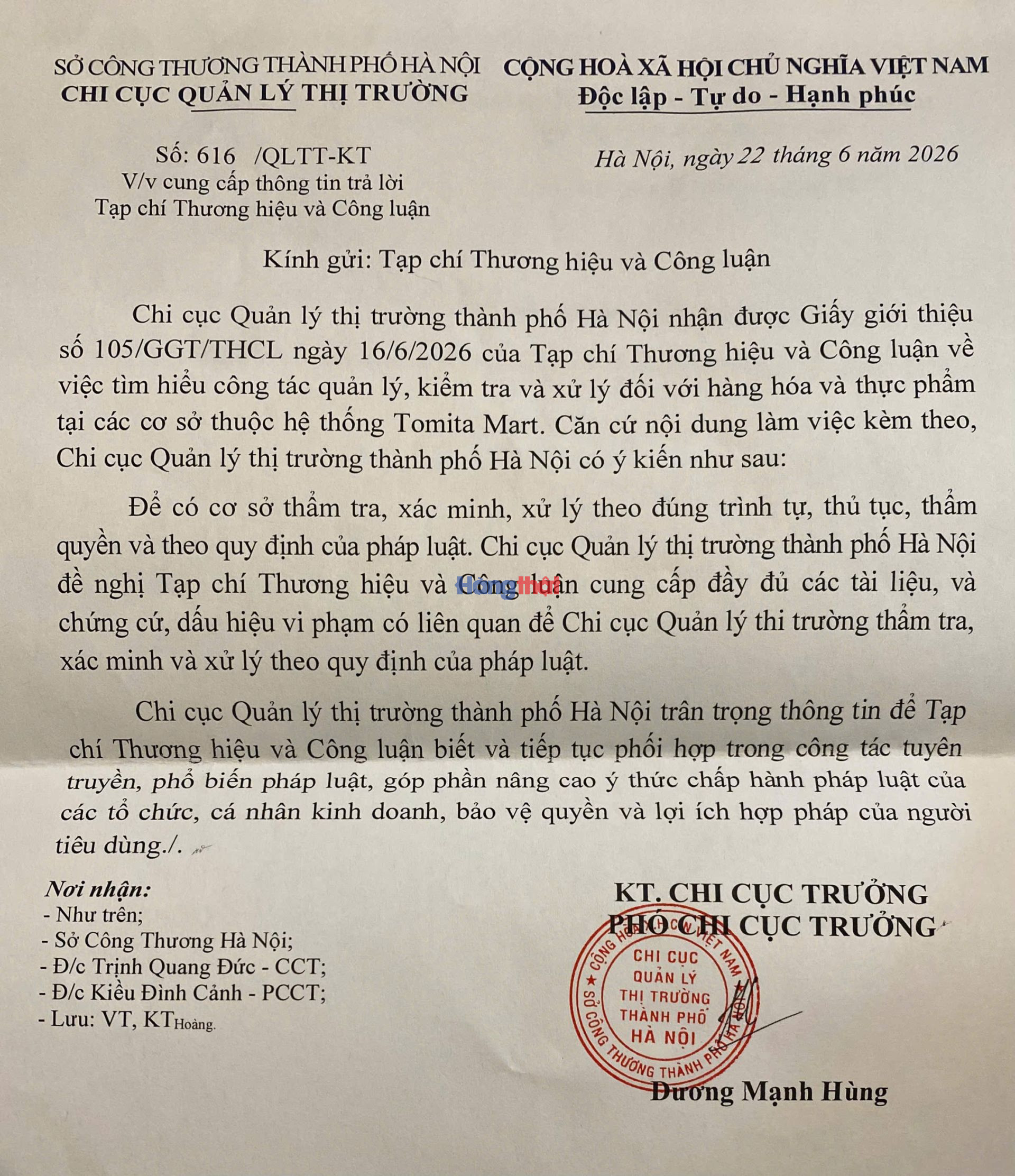 C&ocirc;ng văn số 616 phản hồi Thương hiệu v&agrave; C&ocirc;ng luận của Chi cục Quản l&yacute; thị trường ng&agrave;y 22/6/2026