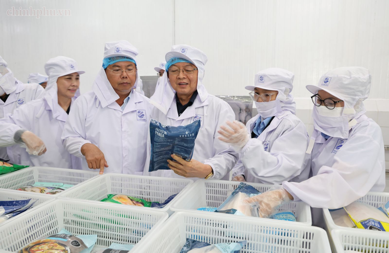 Ph&oacute; Thủ tướng Hồ Quốc Dũng thăm quy tr&igrave;nh sản xuất của C&ocirc;ng ty Cổ phần Xuất nhập khẩu thuỷ sản Cửu Long An Giang - Ảnh: VGP/Gia Huy