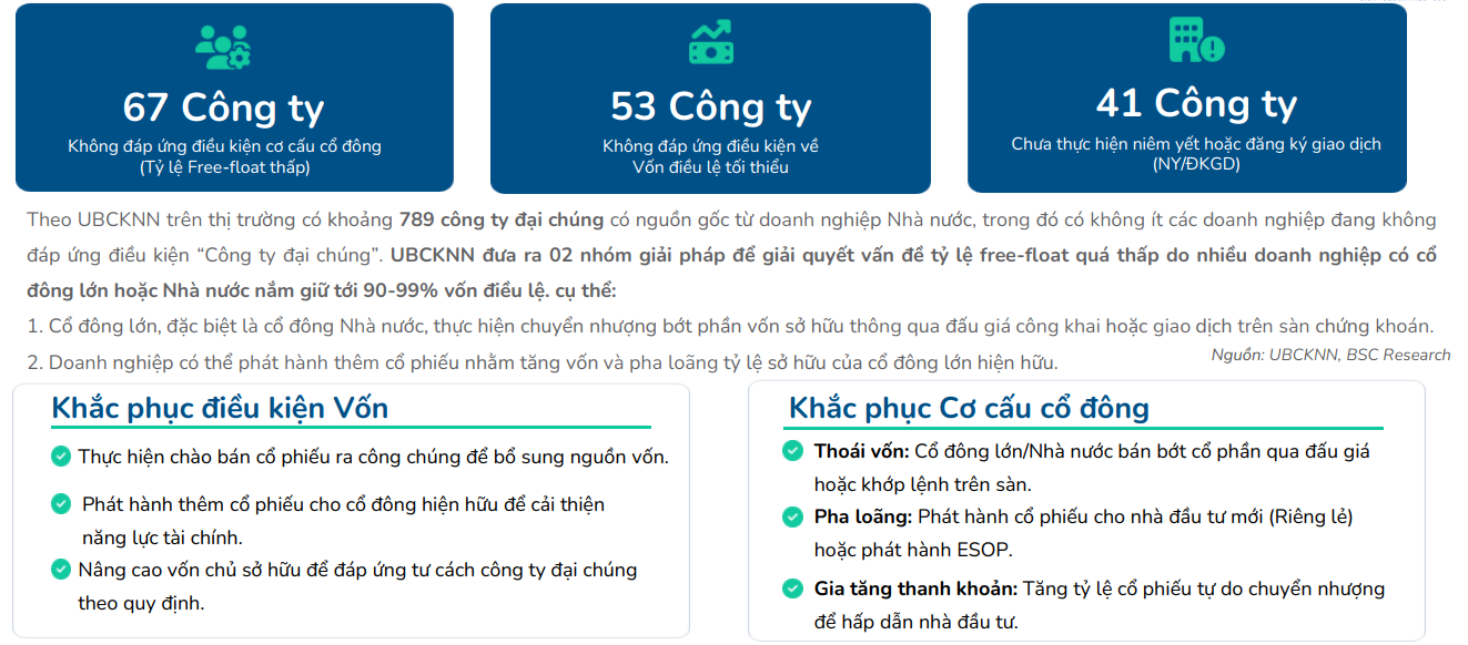 Theo UBCKNN v&agrave; BSC Research, thị trường c&oacute; khoảng 789 c&ocirc;ng ty đại ch&uacute;ng c&oacute; nguồn gốc từ doanh nghiệp Nh&agrave; nước, trong đ&oacute; một số doanh nghiệp chưa đ&aacute;p ứng c&aacute;c điều kiện về cơ cấu cổ đ&ocirc;ng, vốn điều lệ hoặc ni&ecirc;m yết, đăng k&yacute; giao dịch