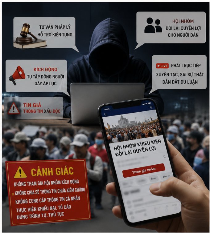 Kẻ xấu lợi dụng danh nghĩa tư vấn, hỗ trợ ph&aacute;p l&yacute; cho người d&acirc;n để k&iacute;ch động, l&ocirc;i k&eacute;o. (Ảnh minh hoạ: C&ocirc;ng an tỉnh Ph&uacute; Thọ)