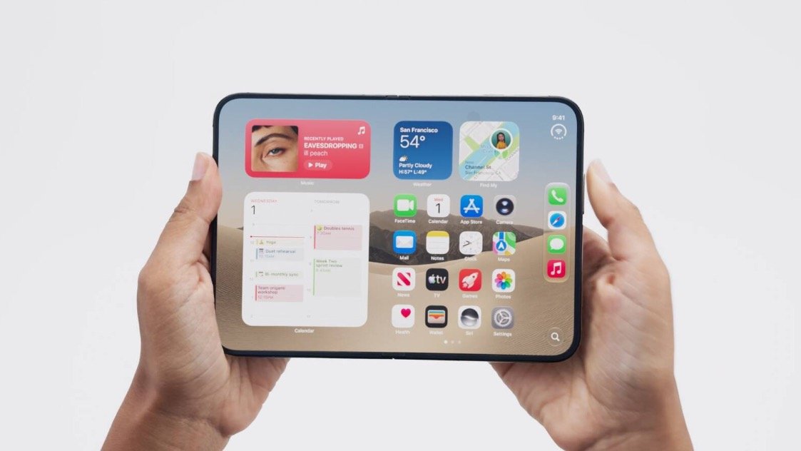Camera trước được giấu dưới m&agrave;n h&igrave;nh, gi&uacute;p kh&ocirc;ng gian hiển thị 7,6 inch của iPhone Duo kh&ocirc;ng bị gi&aacute;n đoạn bởi lỗ camera. Ảnh: Apple.