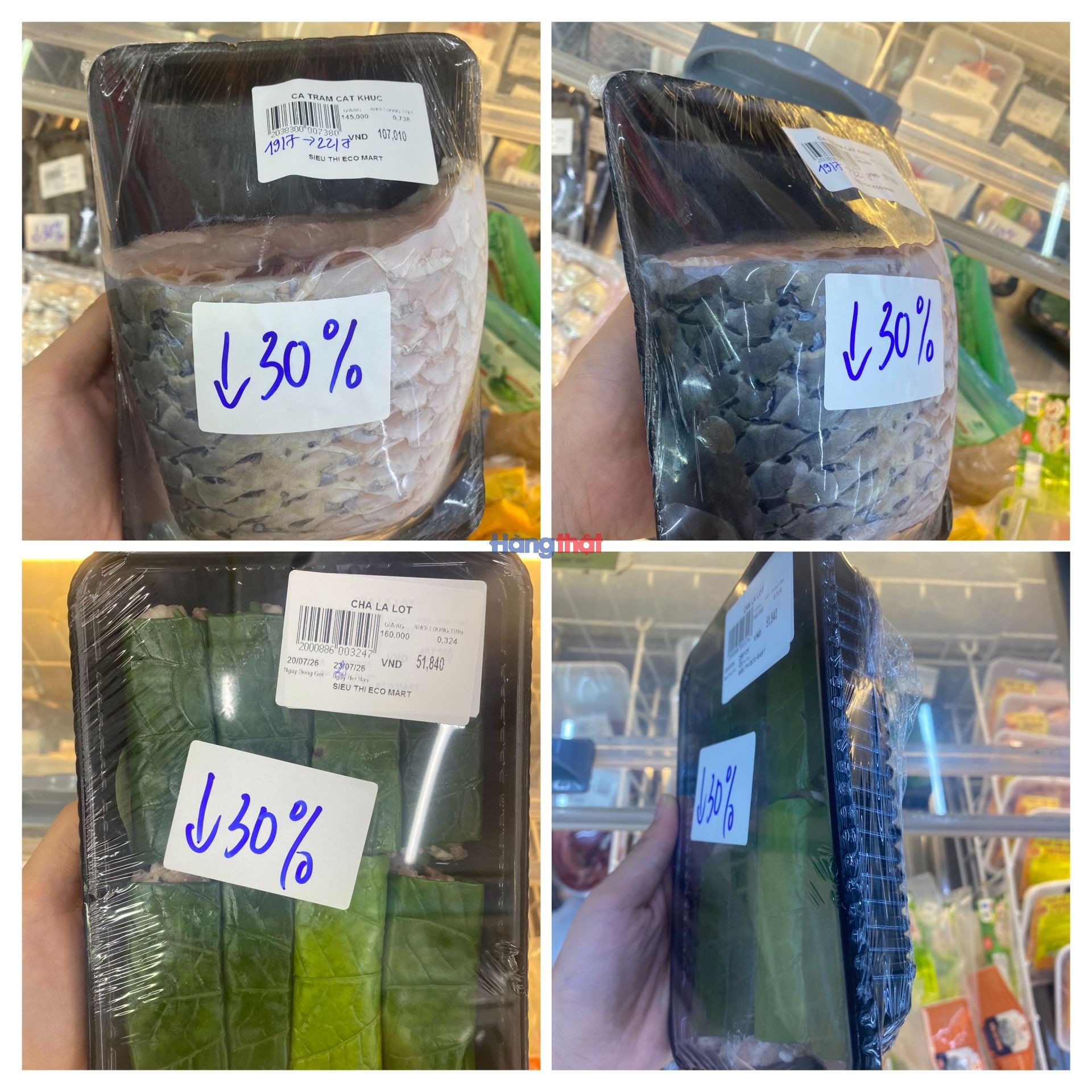 Sản phẩm c&aacute; trắm cắt kh&uacute;c tại cơ sở Eco-Mart đường Quan Nh&acirc;n được ghi nhận c&oacute; ng&agrave;y sản xuất v&agrave; hạn sử dụng ghi trực tiếp bằng tay; với chả l&aacute; lốt, th&ocirc;ng tin hạn sử dụng cũng được ghi thủ c&ocirc;ng tr&ecirc;n nh&atilde;n