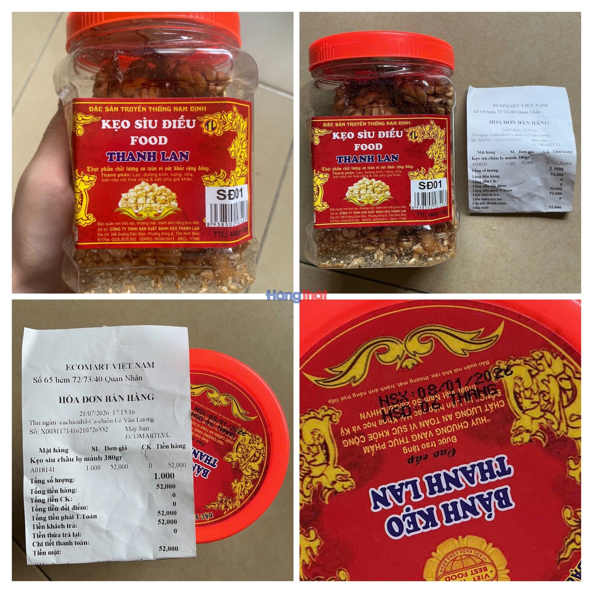 Sản phẩm kẹo hạt điều Food Thanh Lan được ghi nhận vẫn b&agrave;y b&aacute;n tại cơ sở Eco-Mart đường Quan Nh&acirc;n ng&agrave;y 21/7/2026, trong khi bao b&igrave; thể hiện thời hạn sử dụng 6 th&aacute;ng kể từ ng&agrave;y sản xuất 08/01/2026